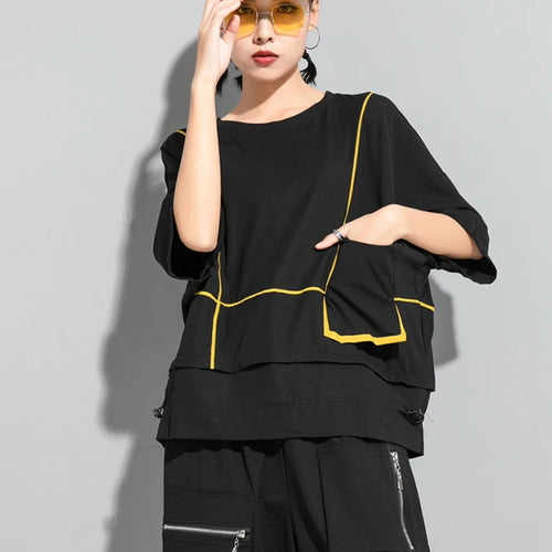 Load image into Gallery viewer, Women Red Pocket Split Joint Big Size T-shirt New Round Neck Three-quarter Sleeve Fashion Tide Spring Summer 2025 1U622
