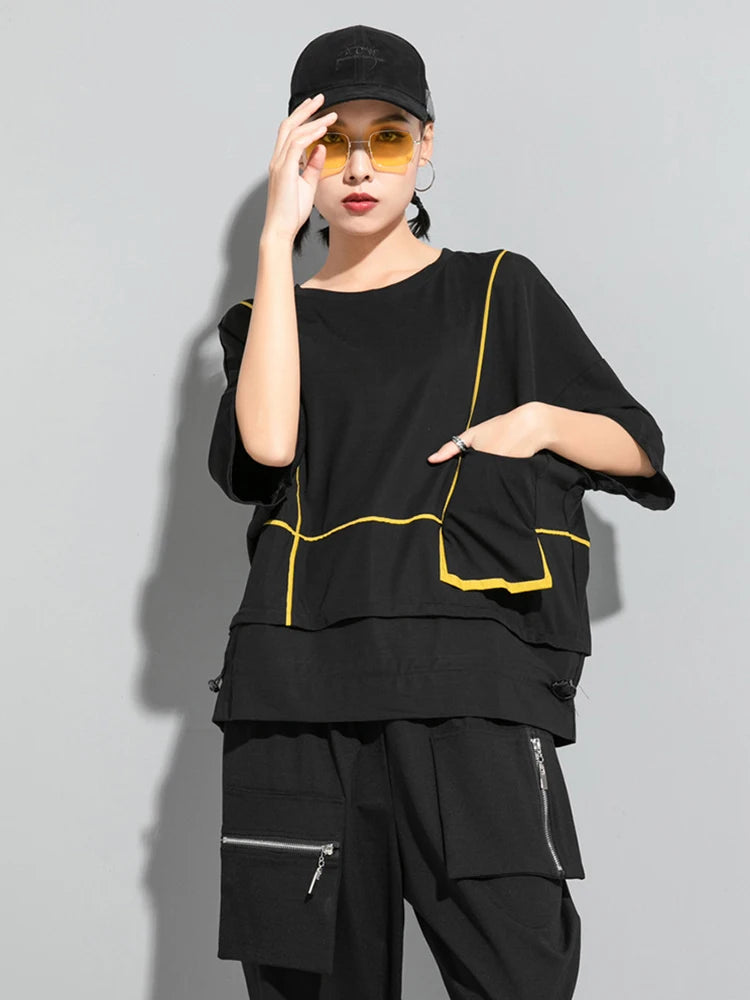 Women Red Pocket Split Joint Big Size T-shirt New Round Neck Three-quarter Sleeve Fashion Tide Spring Summer 2025 1U622