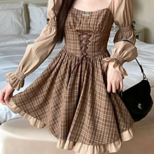 Load image into Gallery viewer, Vintage Plaid Striped Bandage Kawaii Dress Party Lolita Elegant Birthday Preppy Style School Student Dresses Y2K
