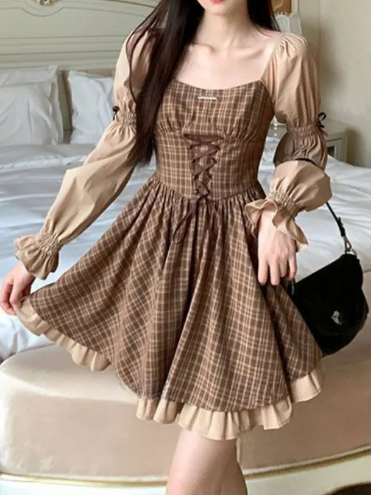 Vintage Plaid Striped Bandage Kawaii Dress Party Lolita Elegant Birthday Preppy Style School Student Dresses Y2K