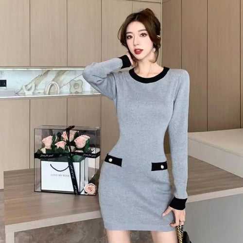 Load image into Gallery viewer, Retro Fashion Sexy Black Patchwork Wrap Hip Bodycon Short Dress Autumn Winter Gray Office Lady O-neck Knitted Party Mini Dresses
