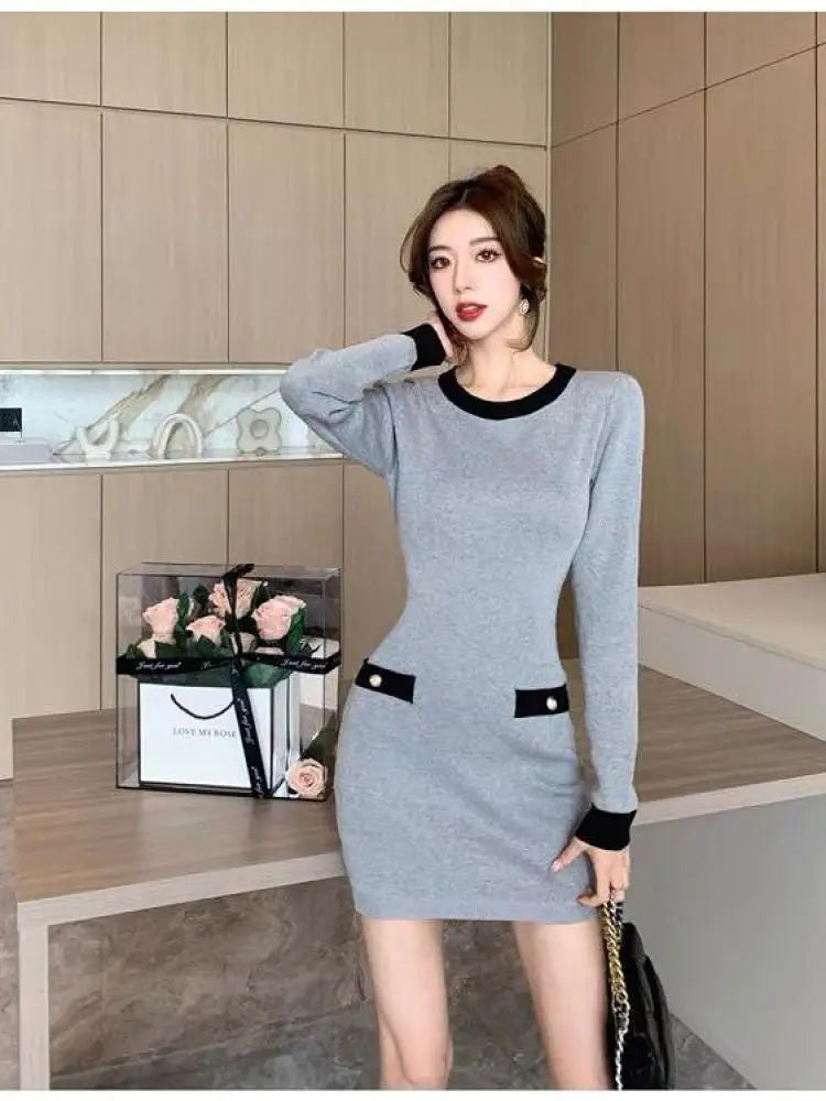Retro Fashion Sexy Black Patchwork Wrap Hip Bodycon Short Dress Autumn Winter Gray Office Lady O-neck Knitted Party Mini Dresses