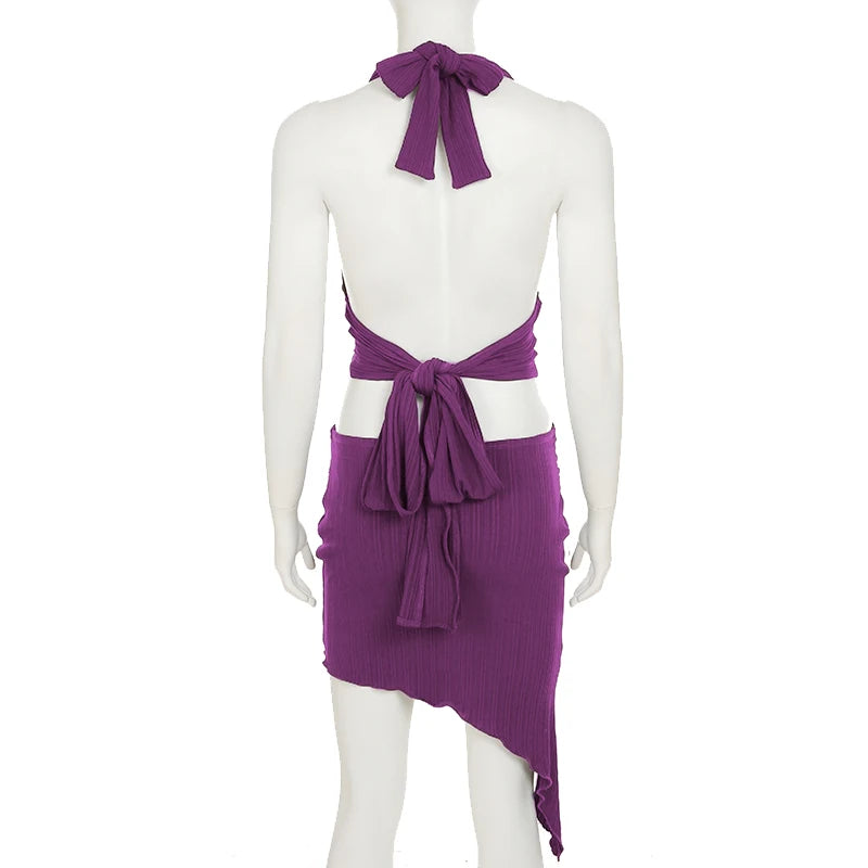 Sexy Holiday Style Two Pieces Set Women Summer Cropped Halter Top+Asymmetric Hem With Metal Ring Button Skirt Outfits