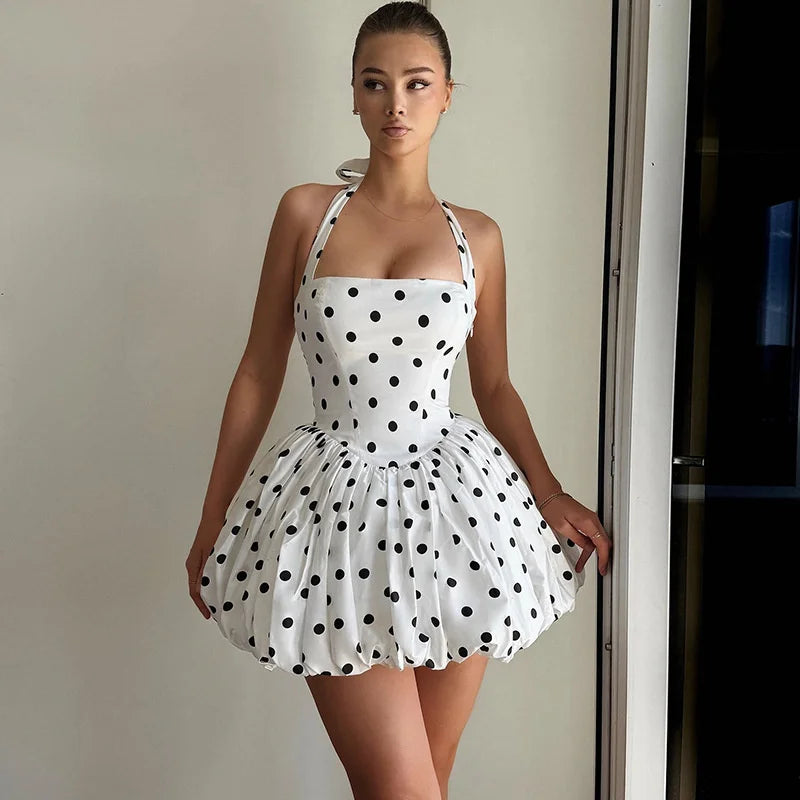 Halter Print Polka Dot Mini Dress Women Fashion Off-shoulder Sleeveless Backless High Waist A-line Club Party Dress