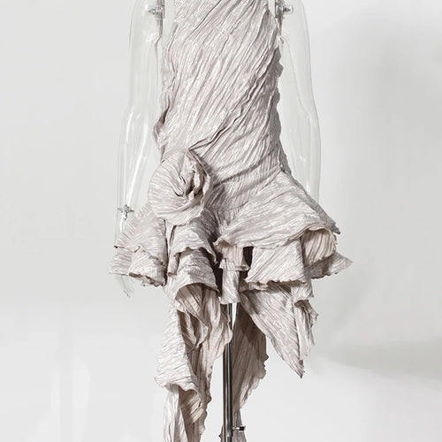 Load image into Gallery viewer, Women Silver Gray Textured Pleated Ruffles Vest Dress New Round Neck Sleeveless Fashion Tide Spring Summer 2025 7AB9278
