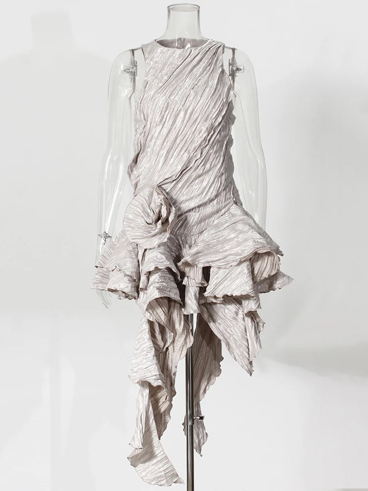 Women Silver Gray Textured Pleated Ruffles Vest Dress New Round Neck Sleeveless Fashion Tide Spring Summer 2025 7AB9278