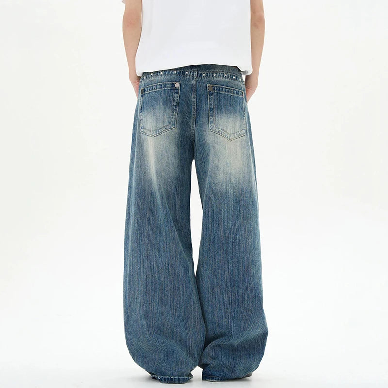 Men's Jeans American Rivet Lightning Denim Pants Solid Color Trendy Washed Straight Leg Stylish Menwear 2025 9W1476