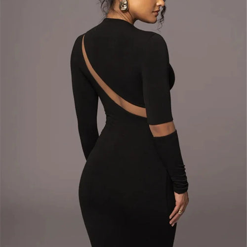 Load image into Gallery viewer, Turtleneck Long Sleeve Bodycon Maxi Dress For Women Autumn New Patchwork Hollow Out Club Party Sexy Long Dress Vestidos
