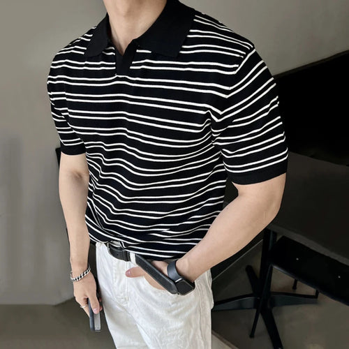 Load image into Gallery viewer, Simple Male T-shirts Chic Striped Turn-down Collar Business Casual Short Sleeve Male Loose Clothing Summer  9C6345
