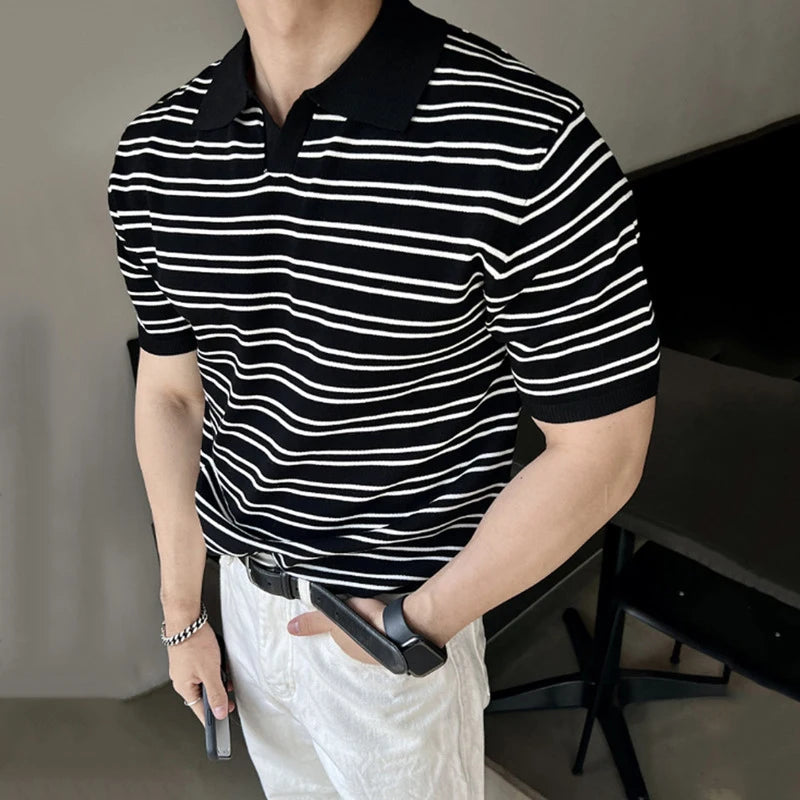 Simple Male T-shirts Chic Striped Turn-down Collar Business Casual Short Sleeve Male Loose Clothing Summer  9C6345