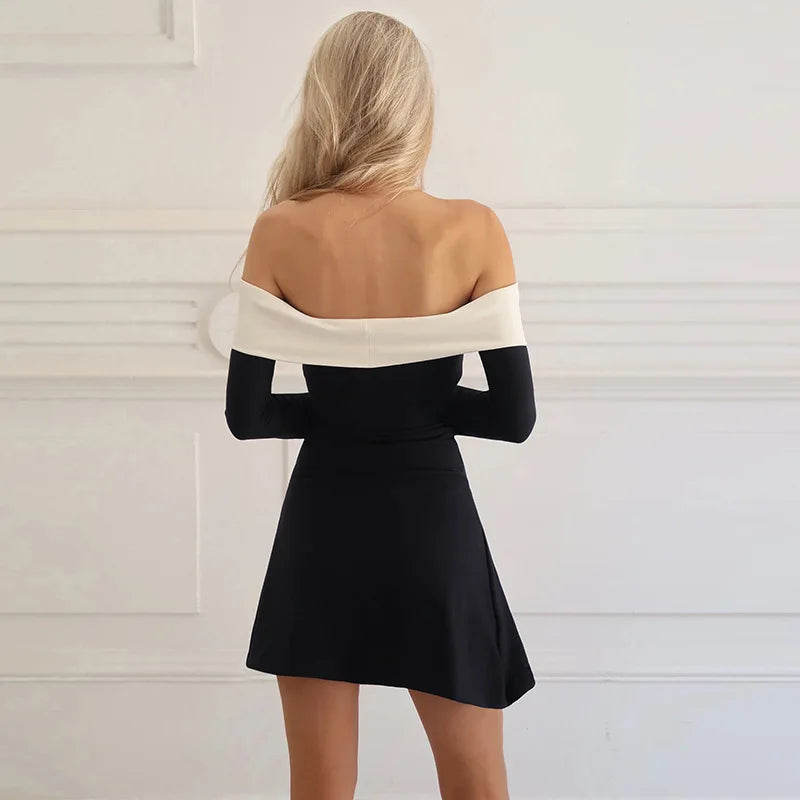 Off-shoulder Long Sleeve Mini Dress For Women Autumn Winter New Patchwork Strapless Backless A-line Sexy Dress Elegant