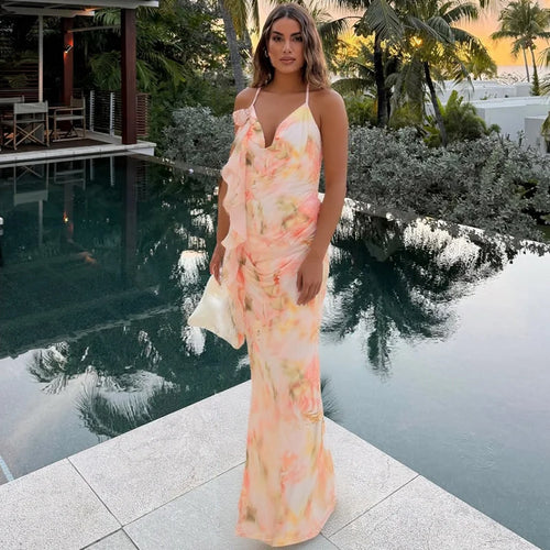 Load image into Gallery viewer, Halter Print Ruffle Sexy Maxi Dress Women Gown Summer New Fashion Sleeveless Backless Ruched Beach Club Party Dress
