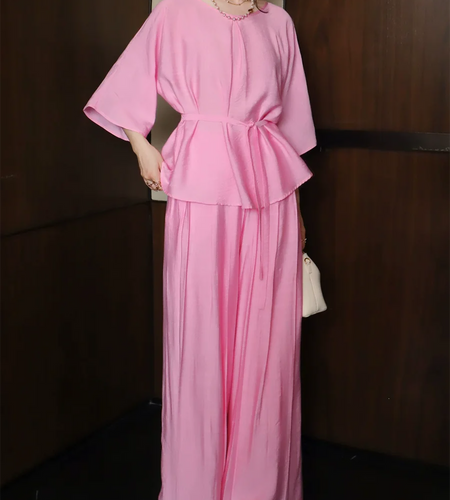 Solid Loose Two Piece Sets for Women Round Neck Half Sleeves Spliced Lace Up Top High Waist Wide Leg Pant Set Female