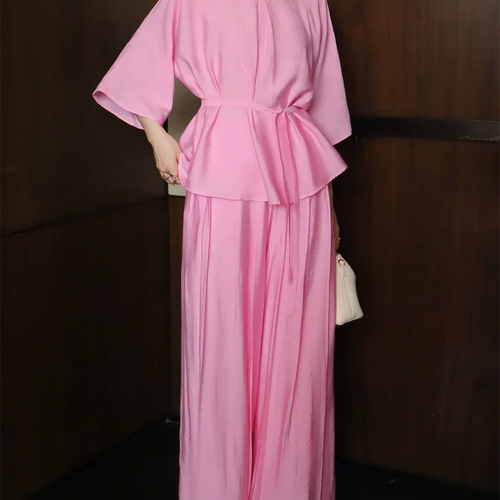 Load image into Gallery viewer, Solid Loose Two Piece Sets for Women Round Neck Half Sleeves Spliced Lace Up Top High Waist Wide Leg Pant Set Female
