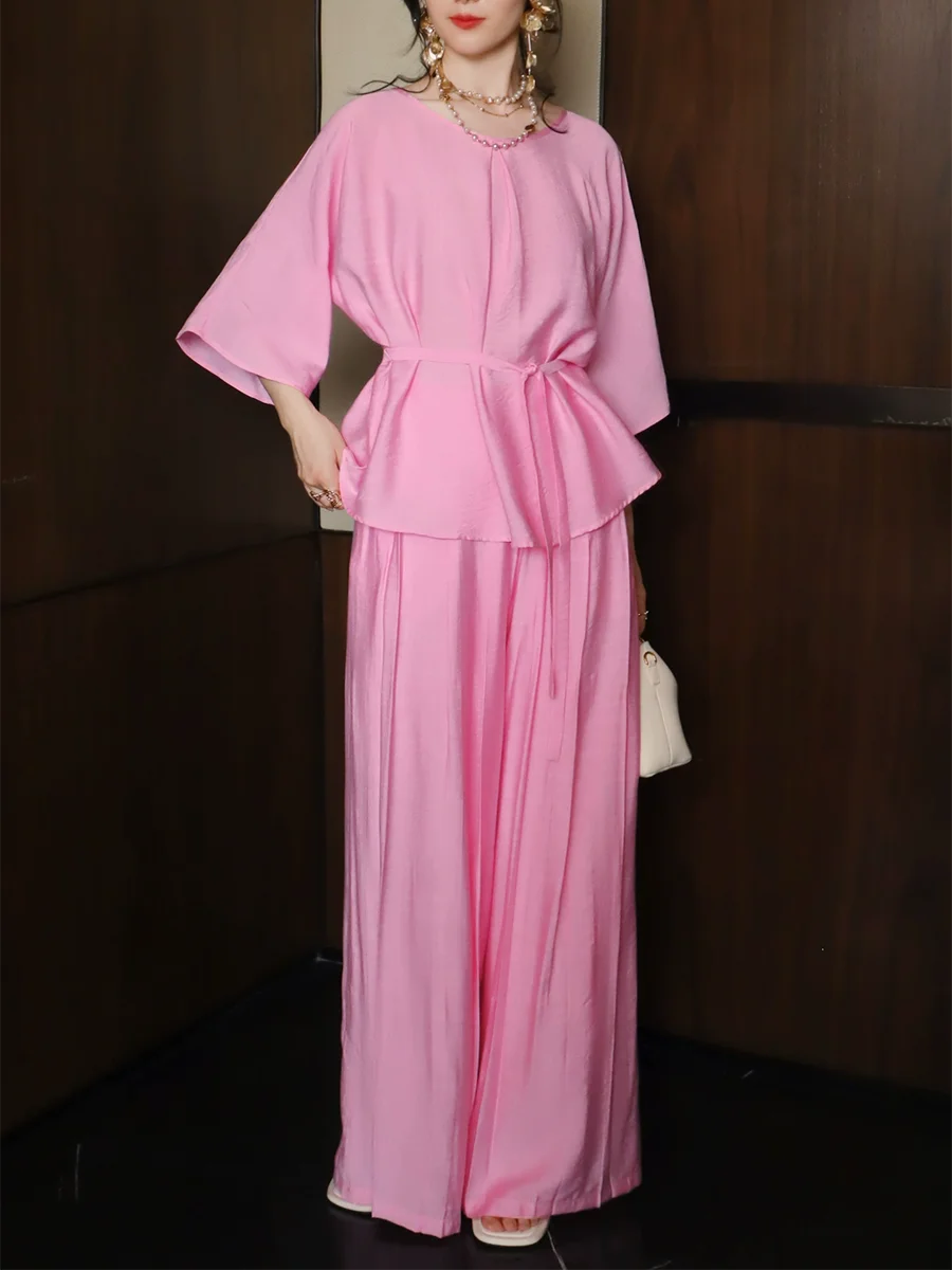 Solid Loose Two Piece Sets for Women Round Neck Half Sleeves Spliced Lace Up Top High Waist Wide Leg Pant Set Female