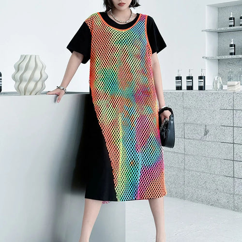 Load image into Gallery viewer, Women Green Colorful Spliced Big Size Midi Dress New Round Neck Short Sleeve Fashion Tide Spring Summer 2025 1DJ1155
