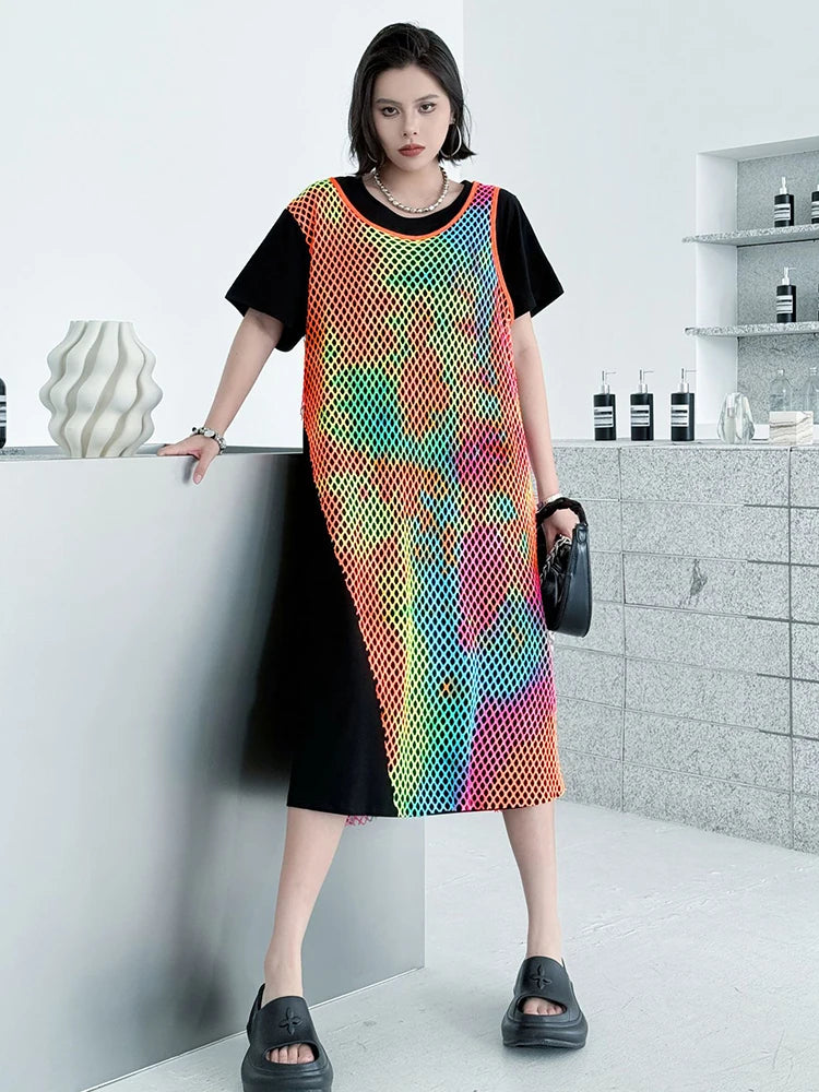 Women Green Colorful Spliced Big Size Midi Dress New Round Neck Short Sleeve Fashion Tide Spring Summer 2025 1DJ1155