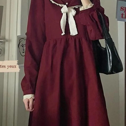 Load image into Gallery viewer, Vintage Preppy Style School Student Dress Red Japanese Harajuku Korean Kpop Sailor Collar Long Sleeve Dresses Autumn
