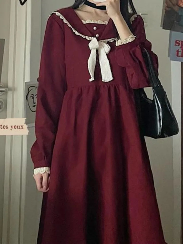 Vintage Preppy Style School Student Dress Red Japanese Harajuku Korean Kpop Sailor Collar Long Sleeve Dresses Autumn