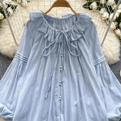 Load image into Gallery viewer, French Woman Solid Long Sleeve Lace-up Shirt Ladies Sweet Ruffle Edges Blouse Autumn Fashion New Single Breasted Short Tops Chic
