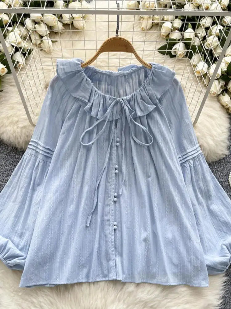 French Woman Solid Long Sleeve Lace-up Shirt Ladies Sweet Ruffle Edges Blouse Autumn Fashion New Single Breasted Short Tops Chic