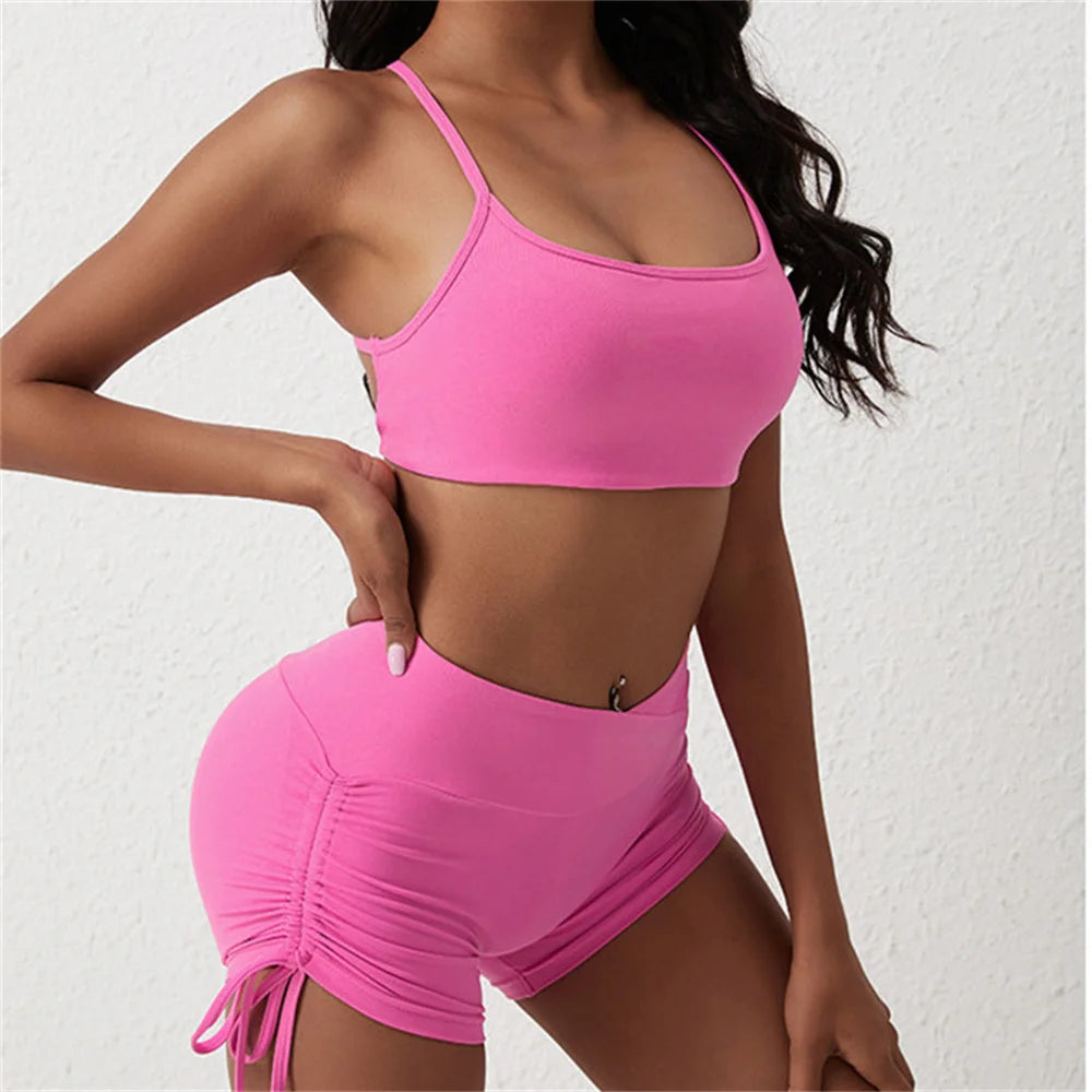 Nylon Side Drawstring Yoga Shorts Fitness Women High Waist Tummy Leggings Scrunch Butt Booty Fitness Running Sport Tights