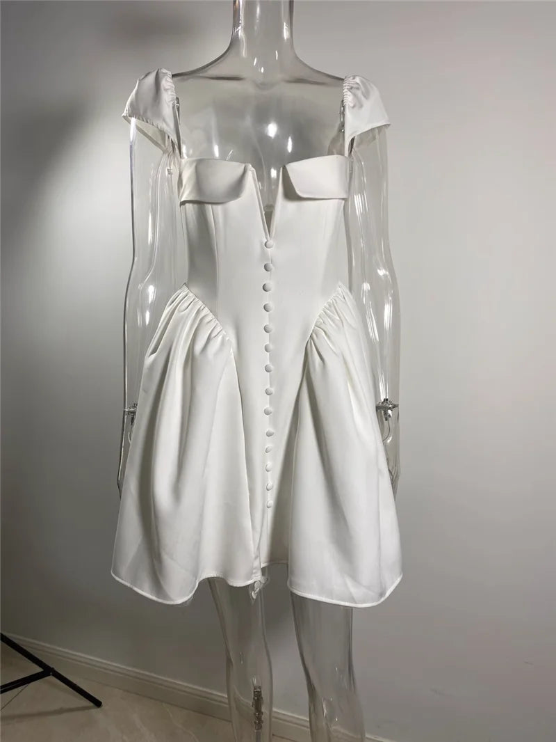 White Backless Sexy Mini Dress For Women Fashion Square Collar Short Sleeve High Waist A-line Club Party Sexy Dress