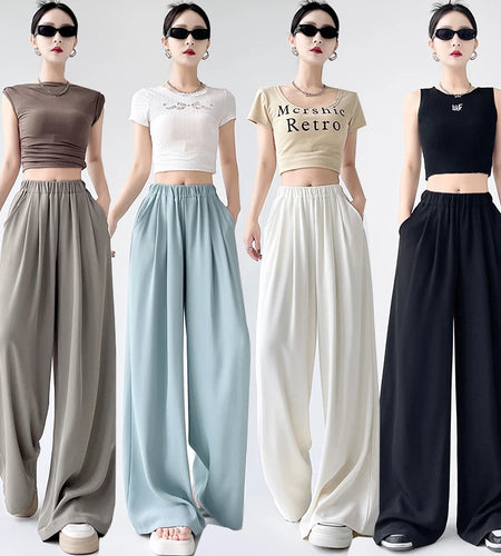French Simplicity Solid Loose High Waisted Pockets Wide Leg Long Pants For Women's Spring Summer Casual Pleated Trousers Fashion