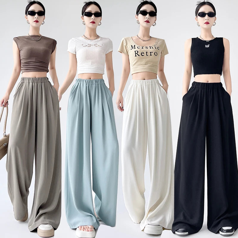 French Simplicity Solid Loose High Waisted Pockets Wide Leg Long Pants For Women's Spring Summer Casual Pleated Trousers Fashion