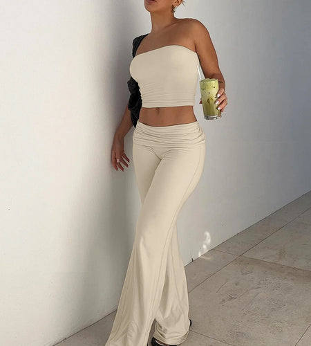 Autumn 2 Piece Sets Strapless Solid Sexy Crop Top Shirring Wide Leg Pants Women Fashion Outfits Vacation Workout