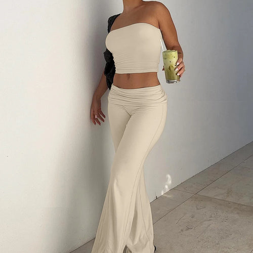 Load image into Gallery viewer, Autumn 2 Piece Sets Strapless Solid Sexy Crop Top Shirring Wide Leg Pants Women Fashion Outfits Vacation Workout
