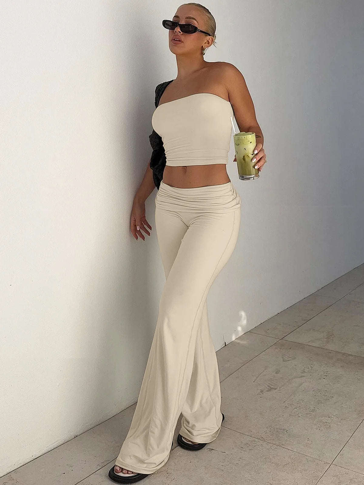 Autumn 2 Piece Sets Strapless Solid Sexy Crop Top Shirring Wide Leg Pants Women Fashion Outfits Vacation Workout