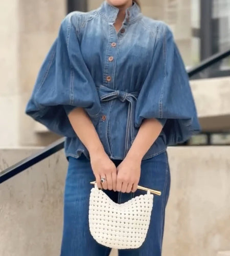 Fashion Tied Waist Blouse for Women Loose Gradient Buttoned Puff Sleeves Stand Collar Shirts Tops Clothes