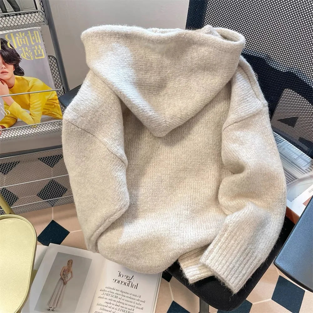 Korean Version Beige Gray Patchwork Drawstring Hoodie Sweater For Women Autumn Winter Thick Long Sleeved Knitted Pullover Tops