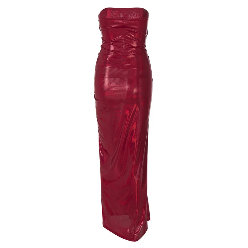 Off-shoulder Strapless Sexy Maxi Dress For Women Fashion Red Sleeveless Backless Thigh High Split Bodycon Club Dress