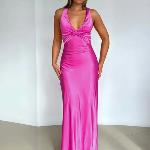 Load image into Gallery viewer, Elegant Sleeveless Satin Bodycon Long Dress Women Sexy Deep V Backless Evening Dress Female Slim Fit Party Club Vestidos
