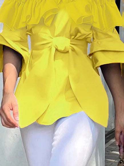 Women Original Cotton Blouses & Shirts 2025 Summer Off-shoulder Yellow Tiered Ruffled Elegant Tops Split-Joint Women Cl