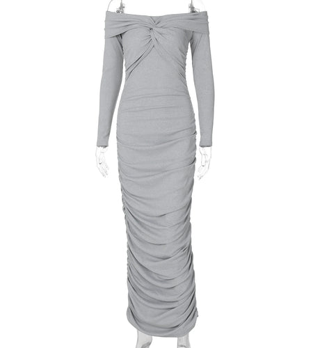 Elegant Long Sleeve Slash Neck Ruched Sexy Bodycon Pleated Maxi Prom Dress Autumn Winter Women Clothes Party Festival