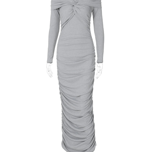 Load image into Gallery viewer, Elegant Long Sleeve Slash Neck Ruched Sexy Bodycon Pleated Maxi Prom Dress Autumn Winter Women Clothes Party Festival
