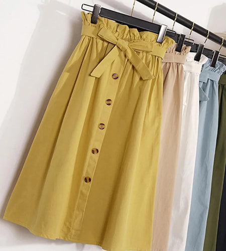 Summer Autumn Skirts Womens 2024 Midi Knee Length Korean Elegant Button High Waist Skirt Female Pleated School Skirt