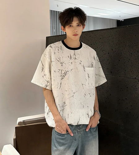 Men's T-shirts Short Sleeve Marble Patterned Printing Design Pockets Stylish Pullover New Korean Style Male Tops 9W1975