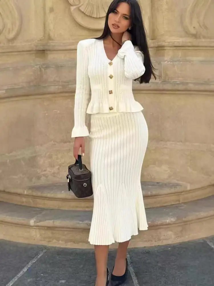 Autumn Winter Vintage Women Solid Long Sleeve Ruffles Cardigan Knit Sweater + High Waist Wrap Hip Fishtail Skirt Two Piece Suits