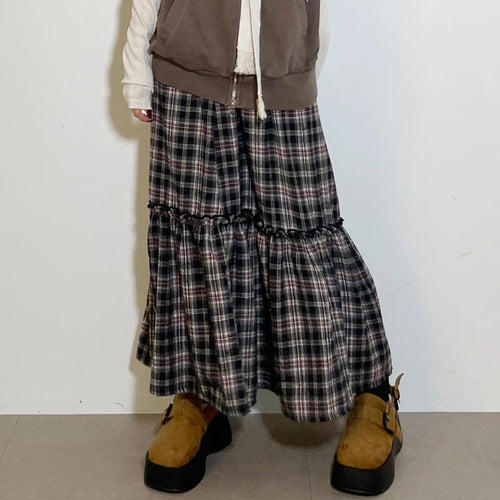 Load image into Gallery viewer, Vintage Loose Y2K Aesthetic Plaid Skirt Female England Style 2000s Aesthetic Frill Autumn Long Skirt Checkered Bottom
