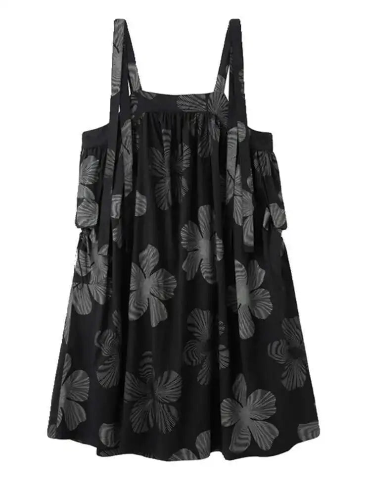 Women Black Pattern Printed Big Size Strap Dress New Square Collar Sleeveless Fashion Tide Spring Autumn 2025 1DH4956