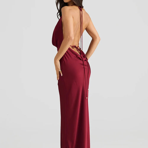 Load image into Gallery viewer, Satin Halter Backless Sexy Maxi Dress Women Gown Elegant Solid Sleeveless Lace-up High Waist Evening Club Long Dress
