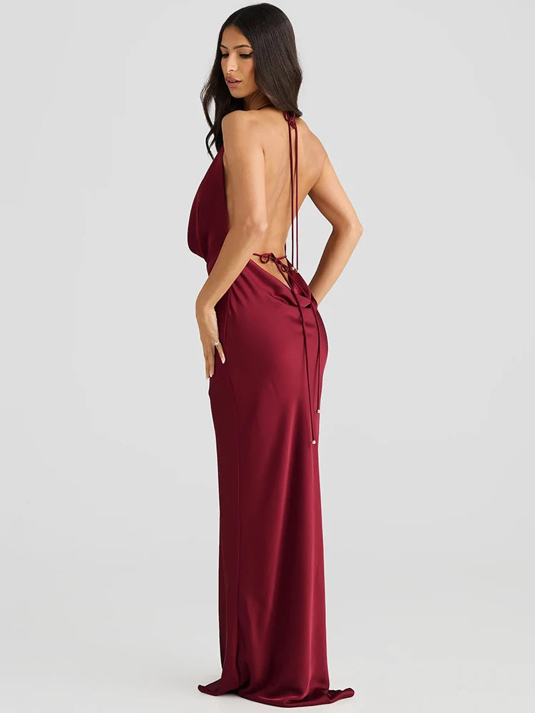 Satin Halter Backless Sexy Maxi Dress Women Gown Elegant Solid Sleeveless Lace-up High Waist Evening Club Long Dress