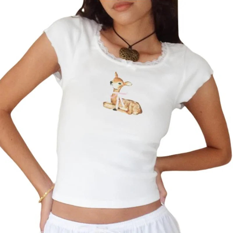 y2k Baby Tee Graphic Crop Top 2000s Women Lave Trim Round Neck Short Sleeve T Shirt Fairycore Clothing White Streetwear