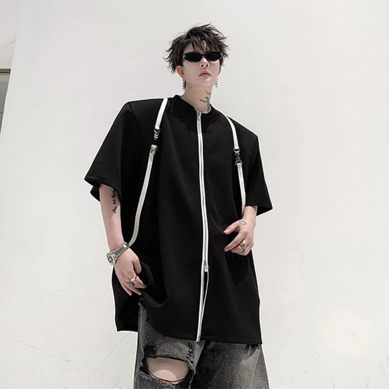 Trendy Men's T-shirt O-neck Contrast Color Zipper Belt Spliced Men Loose Short Sleeve Top Niche Design Summer 28W3331