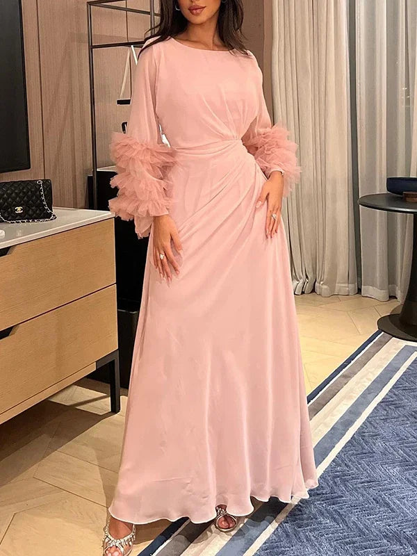 Elegant Solid Color Pleated Waist Party Evening Maxi Dresses 2025 New Spring Summer Fashion Flared Sleeve A-Line Dress