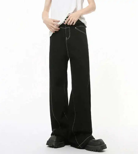 Summer New Men's Jeans Casual Bright Line Solid Color Denim Pants Straight Wide Leg Loose Male Trousers Korean Style 9C8203